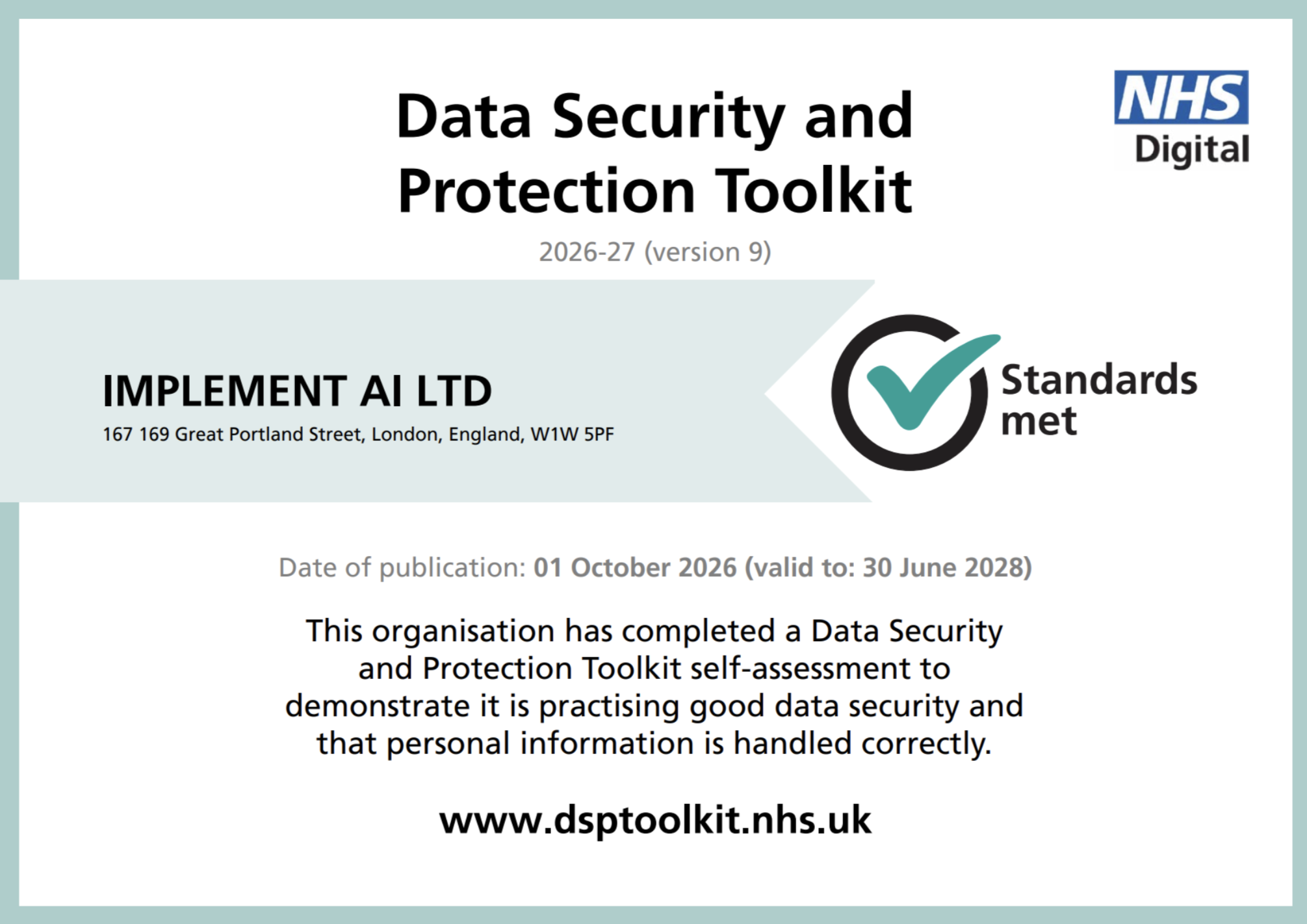 Implement AI Ltd. NHS Data Security and Protection Toolkit 2026–27 Standards Met certificate