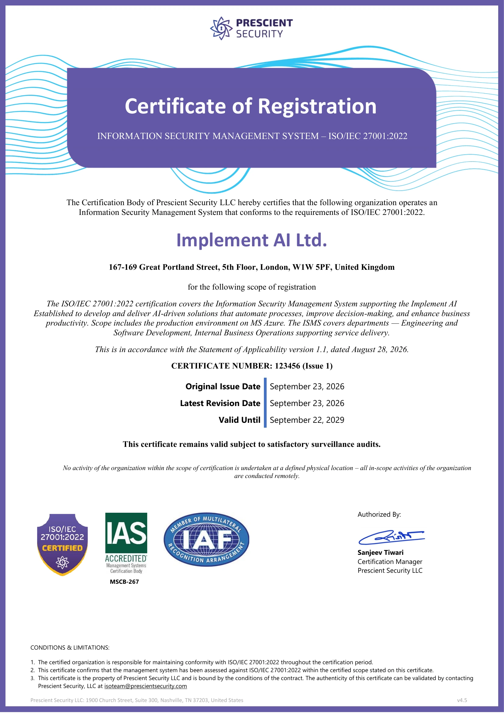Implement AI Ltd. ISO/IEC 27001:2022 certificate of registration issued by Prescient Security